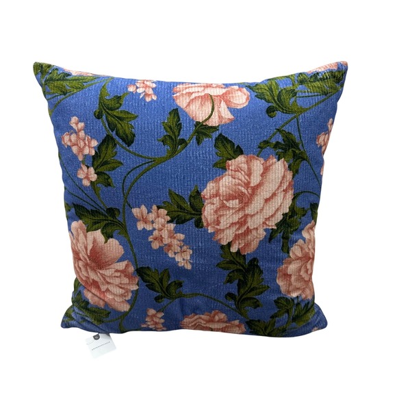 Anthropologie Floral Celia Velvet 100% Cotton Corduroy Throw Pillow Blue 18x18